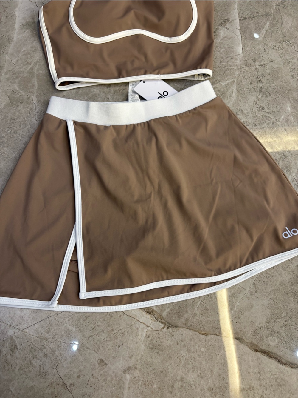 ALO Yoga Tan and White Backless Crop Top & Skirt Set - Picture 4 of 7